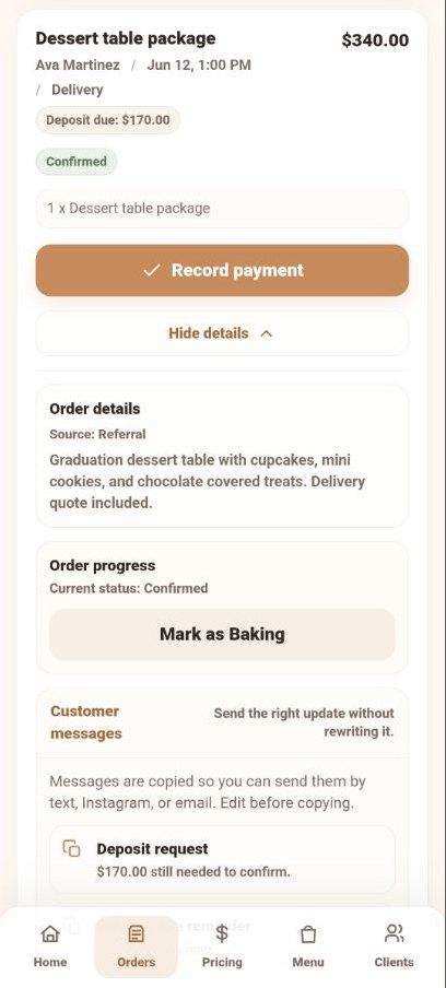 BakerOrder order details and customer message actions