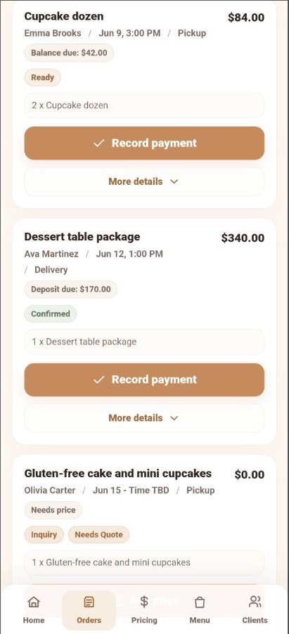 BakerOrder orders list with custom bakery order cards