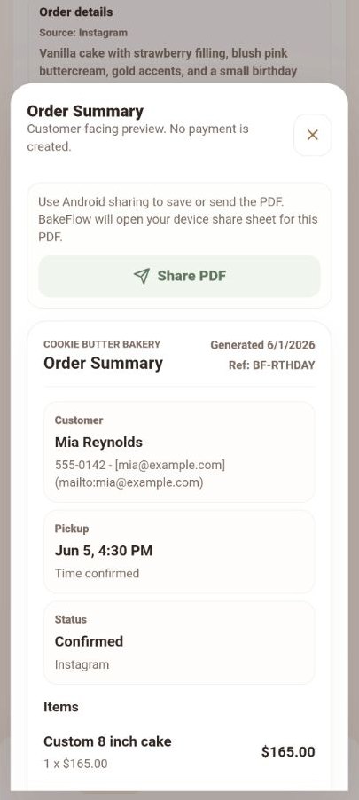 BakerOrder customer-ready order summary preview